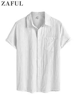 ZAFUL Pamuk Kısa Kollu Gömlek Erkekler için Katı gül Jakarlı Gömlek Yaz Streetwear Tops Ön Cep ile Z5092585