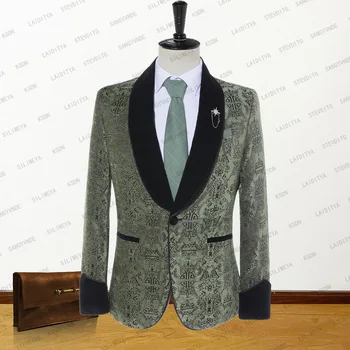 2023 Yeni Moda erkek Rahat Butik Yeşil Kadife Retro Klasik Desen Kadife Yaka İş Düğün Takım Elbise Ceket Blazer Ceket