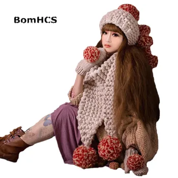 BomHCS Bere + Eldiven + Eşarp (3 ADET) Güzel Kadın Kız Kış Sıcak Örgü El Yapımı Şapka Kapaklar