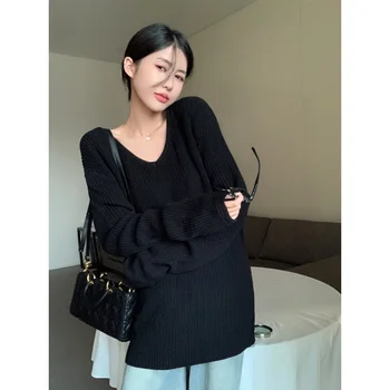 Gevşek v yaka kazak kadın Hımbıl Tarzı Premium uzun kollu kazak Gömlek Üst