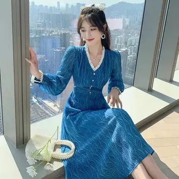 2023 İlkbahar Sonbahar Yeni Fransız Edebiyatı Sanat Vintage Çay Molası Dantel Uzun Kollu Mavi Elbise kadın İnce Mizaç A-line Rop