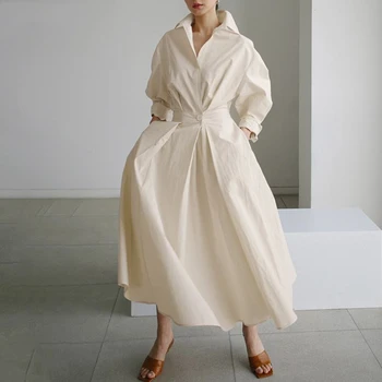 Kore Moda Uzun Kollu Gömlek Elbise Şık Yatak Açma Boyun Dantelli Maxi Elbise Kadınlar 2023 İlkbahar yaz giysileri Streetwear